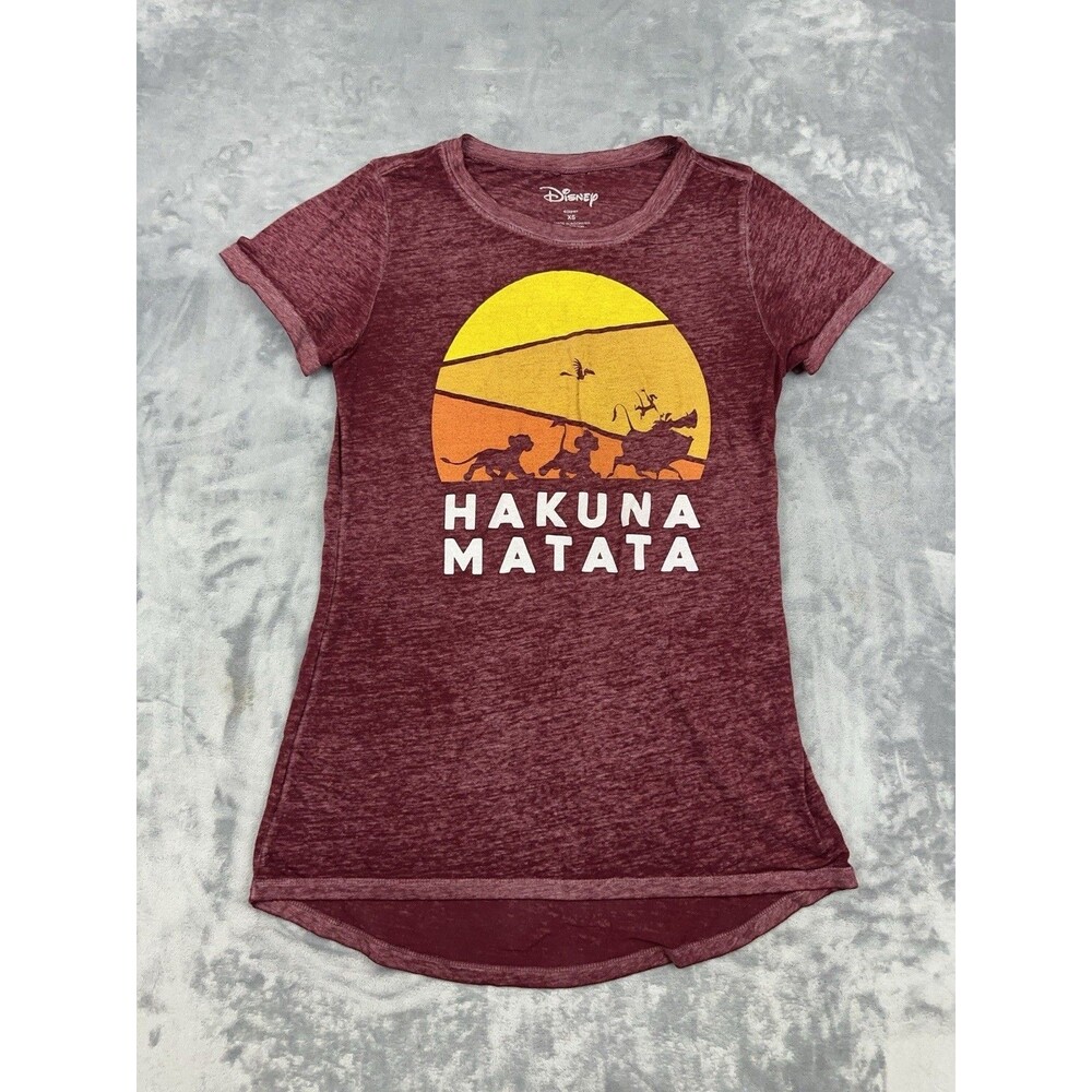 Disney Lion King Womens XS Hakuna Matata Graphic Tee Maroon Burnout Crew Shirt